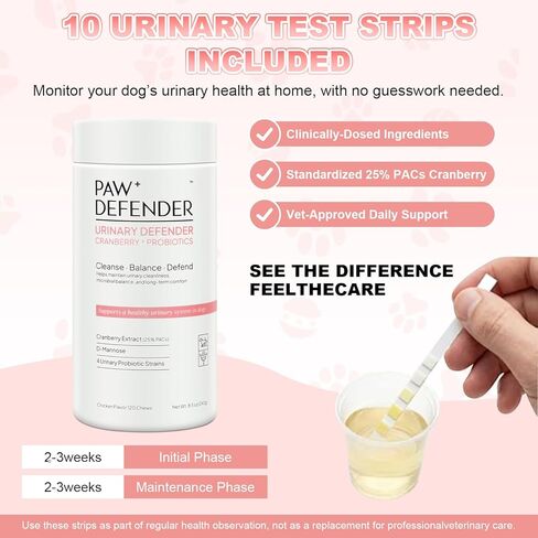 Dog UTI Treatment, Cranberry Supplement for Dogs, Urinary Tract & Bladder Incontinence Support with Natural Cranberry Extract & D-Mannose & UT Probiotics, Includes 10 Urine Test Strips, 120 Chews in Kuwait