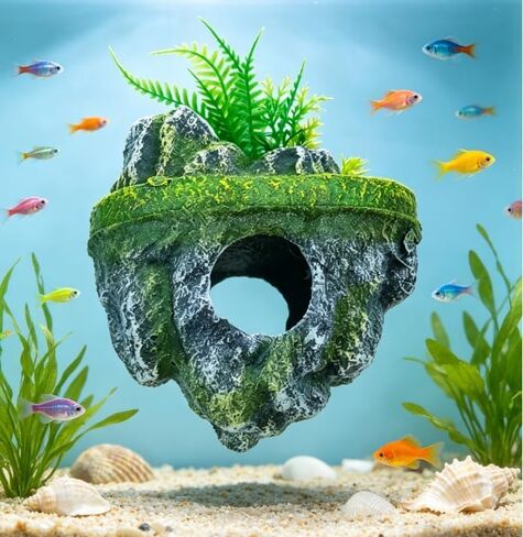 PVC Floating Aquarium Decoration, Exquisite Rockery Aquarium Decor, Realistic Workmanship Fish Tank Decor, Hideaway Floating Rock Landscape for Betta, Shrimp, Reptile Habitat (Colorful) in Kuwait