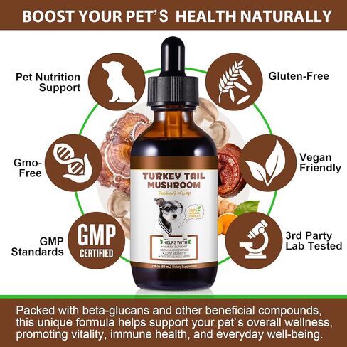Turkey Tail Mushroom for Dogs, Dog Mushroom Supplement, Mushroom Drops for Dogs, Support Immune Health, Digestive & Joint Mobility, Wild Mushroom Supplement for Dog, Easy to Absorbed 2 fl oz in Kuwait