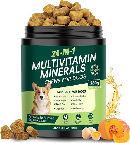 24-in-1 Dog Vitamins and Supplements, Dog Multivitamin Chewable with Chondroitin Probiotics Omega-3 Glucosamine for Dogs Skin Coat Hip and Joint Heart Gut Liver Brain Eye Immune Support, 90 Chews in Kuwait