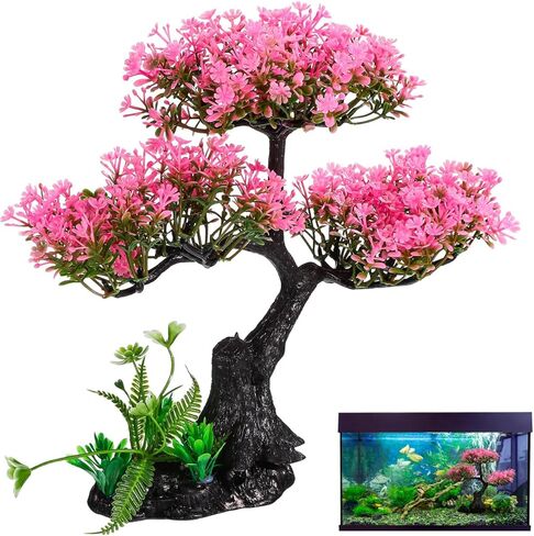 BESPORTBLE Aquarium Decor Artificial Plants Tree Set Aesthetic Pink Sakura Cherry Realistic Fish Tank Decorations for Betta Turtle Tank Ornament with Stable Weighted Base in Kuwait