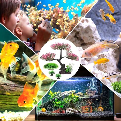 BESPORTBLE Aquarium Decor Artificial Plants Tree Set Aesthetic Pink Sakura Cherry Realistic Fish Tank Decorations for Betta Turtle Tank Ornament with Stable Weighted Base in Kuwait