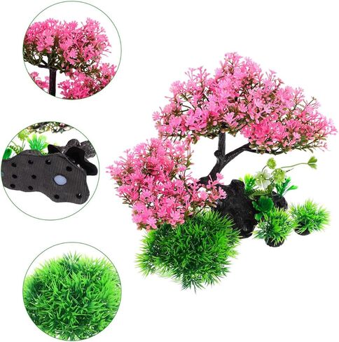 BESPORTBLE Aquarium Decor Artificial Plants Tree Set Aesthetic Pink Sakura Cherry Realistic Fish Tank Decorations for Betta Turtle Tank Ornament with Stable Weighted Base in Kuwait