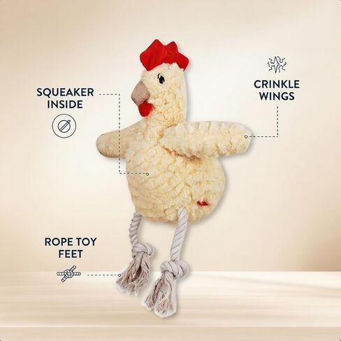 Paw-FECT Piece Soft Plush Chicken Dog Toy, with Squeaking Sound, Durable Rope Feet, and Crinkle Wings, Emotional Support Companion Chew Toy, Great for All Breeds of Dogs in Kuwait