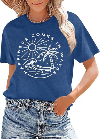 Summer T Shirt for Women Wave Coconut Tree Graphic Short Sleeve Casual Vacation Trip Tee Top in Saudi Arabia