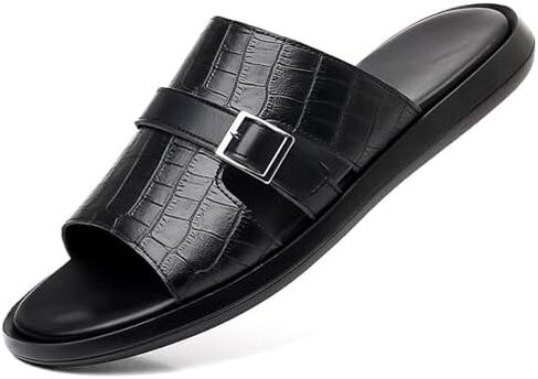Men'S Printed Leather Flat Sandals Summer Round Toe Comfortable Slip-On Daily Casual Slippers Lightweight Beach Sandals in Saudi Arabia