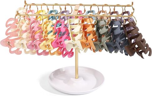 Metal Claw Clip Organizer, 2-Tier Hair Clip Holder Stand with Tray, Hair Clip Storage Display Rack with 20 Golden Rings, Hair Accessories Organizer Room Decor for Women and Girls in Saudi Arabia