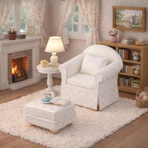 Dollhouse Sofa Chair with Ottoman, Miniature Living Room Furniture Armchair, Accessories for 6 inch Dolls, 1/12 Scale, White in Saudi Arabia