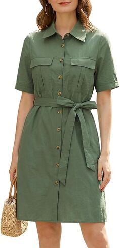 Allegra K Women's Safari Dress Summer Collared Button Down Cotton Belted Shirtdress in Saudi Arabia