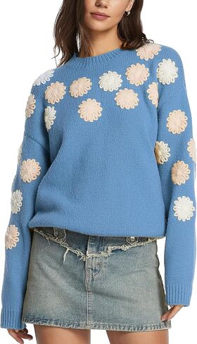 D-Sun Women Crewneck Sweater Long Sleeve Floral Embroidery Knit Pullover Sweater Flower Color Block Chunky Ribbed Jumper Top in Saudi Arabia