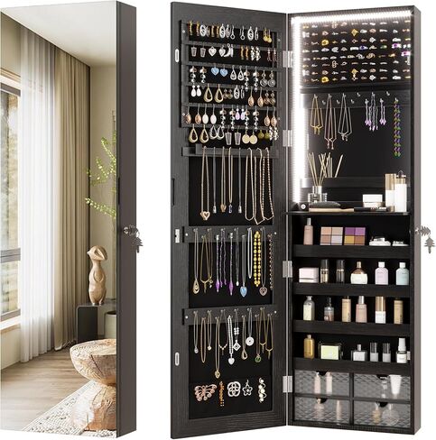47.2" LED Jewelry Mirror Cabinet, Wall/Door Mounted Jewelry Armoire Organizer with Full Length Mirror, Large Storage Hanging Cabinet, 4 Drawers, 5 Shelves, Built-in Lighted Mirror (White) in Saudi Arabia