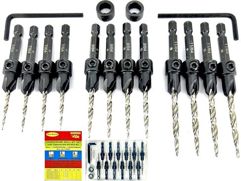 FTG USA Countersink Drill Bit Set 3 Pc #4(7/64") 3 Pc #6 (9/64") 3 Pc #8 (11/64") 3 Pc #10 (3/16") Tapered Drill Bit Secured with Pin, Countersink Drill Bit for Woodworking, with Storage Container in Kuwait