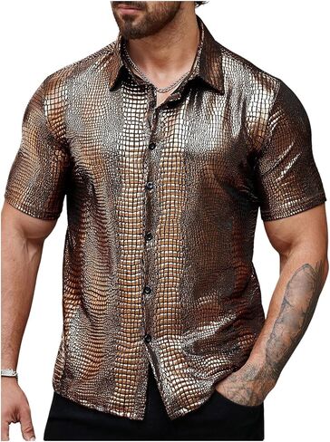 WDIRARA Men's 70s Disco Top Crocodile Pattern Button Down Shirt Short Sleeve Rave Party PU Leather T Shirt in Saudi Arabia