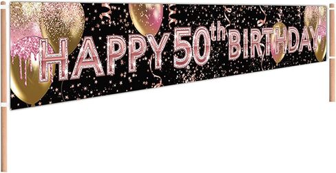 لافتة عيد ميلاد 50 من Pink Happy باللون الذهبي الوردي، لافتة ساحة عيد الميلاد 50 من Pink 50 من لوازم حفلات أعياد الميلاد، زينة باللون الذهبي الوردي، خلفية لحفلات عيد الميلاد 50 (9.8 × 1.6 قدم) in Saudi Arabia