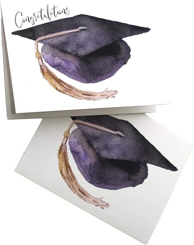Purple Watercolor Graduation Cap Cards Boxed Set - 24 Congratulations Cards w/White Envelopes - Assorted Realistic Texture Designs - Personalized Stationery Printed in the USA by RitzyRose in Saudi Arabia