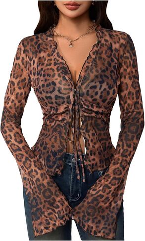 GORGLITTER Women's Cheetah Print Mesh Top Blouses Tie Front Leopard Sheer Bell Sleeve T Shirt Going Out Y2K Tops Brown Large in Saudi Arabia