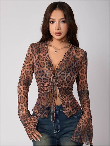 GORGLITTER Women's Cheetah Print Mesh Top Blouses Tie Front Leopard Sheer Bell Sleeve T Shirt Going Out Y2K Tops Brown Large in Saudi Arabia