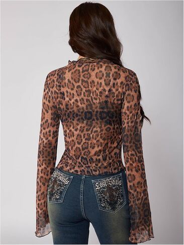 GORGLITTER Women's Cheetah Print Mesh Top Blouses Tie Front Leopard Sheer Bell Sleeve T Shirt Going Out Y2K Tops Brown Large in Saudi Arabia