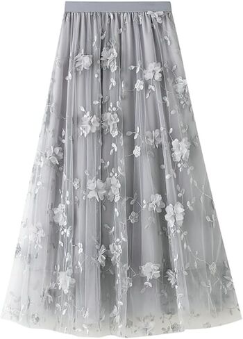 Womens Foral Tulle Skirt Elastic High Wasit Embroidery Floral Mesh Tutu A-Line Midi Skirts in Saudi Arabia
