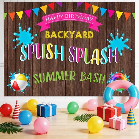7x5ft Summer Pool Party Backdrop for Birthday Splish Splash Summer Bash Backyard Pool Party Decorations Wood Pennant Photography Background Pool Party Banner Props (CQ300) in Saudi Arabia