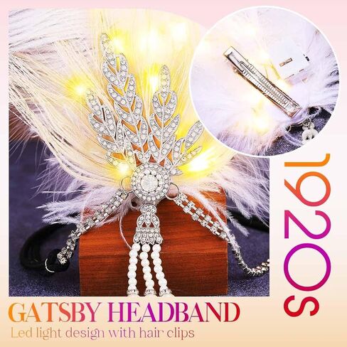 GORTIN Flapper Headband Light up 1920s Feather Headpiece Roaring 20s Hair Accessories for Women (Gold-Black, Free size) in Saudi Arabia