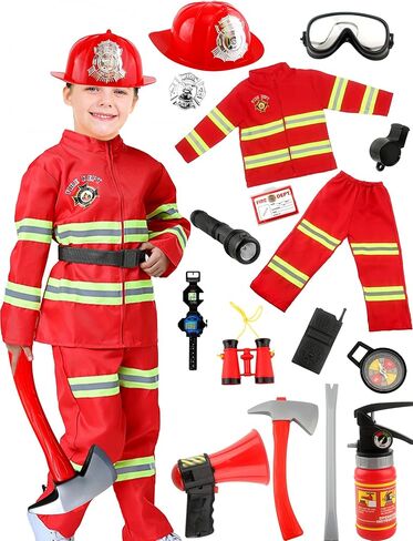 17 Pcs Kids Fireman Costume Set Fire Chief Firefighter Dress Up Outfits for Halloween Firefighter Pretend Role Play Toys in Saudi Arabia