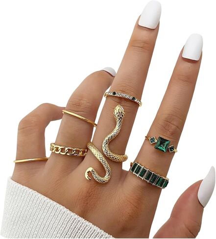 Vintage Gold Ring Set Snake Finger Stackable Ring Boho Green Crystal Finger Ring Set Stylish Rhinestone Snake Adjustable Ring Geometric Cubic Zirconia Crystal Ring Set Cocktail Party Ring Jewelry for Women in Saudi Arabia