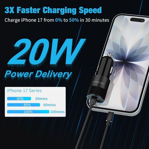 شاحن سيارة سريع USB C، محول شحن الطاقة 20 وات PD 3.0 ولاعة سجائر سريعة لهاتف iPhone 15/Pro/Pro Max/Plus، iPad Pro 2022/Air 5/Mini 6، Galaxy S24 Ultra، سلك كابل Pixel 8+3ft من النوع C in Saudi Arabia