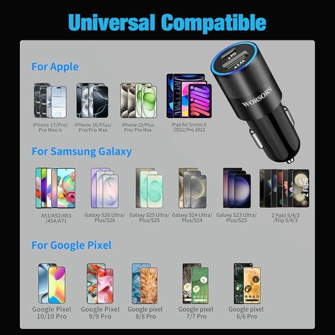 شاحن سيارة سريع USB C، محول شحن الطاقة 20 وات PD 3.0 ولاعة سجائر سريعة لهاتف iPhone 15/Pro/Pro Max/Plus، iPad Pro 2022/Air 5/Mini 6، Galaxy S24 Ultra، سلك كابل Pixel 8+3ft من النوع C in Saudi Arabia