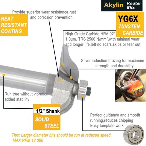 Akylin Raised Panel Router Bits,1/2" Shank Ogee Molding, Cutting Dia. 2-1/2", Ball Bearing Guided Cutter, for Door Paneling Timming, Routing in Saudi Arabia