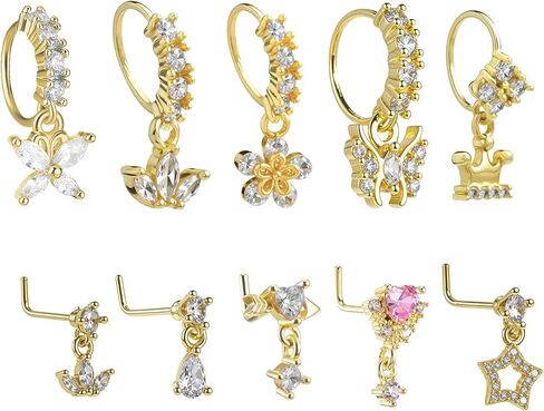 10 Pcs Dangle Nose Ring Hoop for Women 20G L Shaped Dangling Nose Stud and Hoop Cute Noses Rings with Charm CZ Indian Piercing Jewelry Cartilage Earring For Women in Saudi Arabia