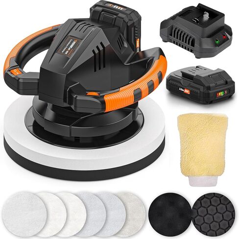 THINKWORK Buffer Polisher, 20V Cordless Buffer Polisher, 10 Inch Portable Polishing Machine Kit for Car, with 2Ah Rechargeable Battery, 6 Variable Speed 1500-3600RPM,Double handle,Ideal for Car Waxing in Saudi Arabia