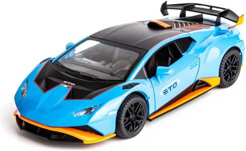 Model Car 1/24 Scale Compatible for Lambo Huracan STO Die-cast Toy Vehicle Pull Back with Light and Sound Toy Car Door Can be Open (Blue) in Saudi Arabia