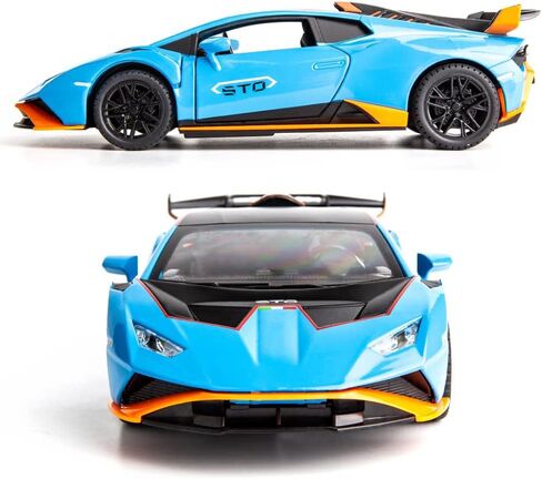 Model Car 1/24 Scale Compatible for Lambo Huracan STO Die-cast Toy Vehicle Pull Back with Light and Sound Toy Car Door Can be Open (Blue) in Saudi Arabia
