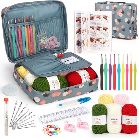 Aeelike Crochet Kit for Beginners with 15 Colors Yarn and Introduction Book, 71pcs Crochet Starter Kit Everything for Adult, Learn to Crochet Kit with Soft Grip Crochet Hooks and Blue Cat Bag in Saudi Arabia