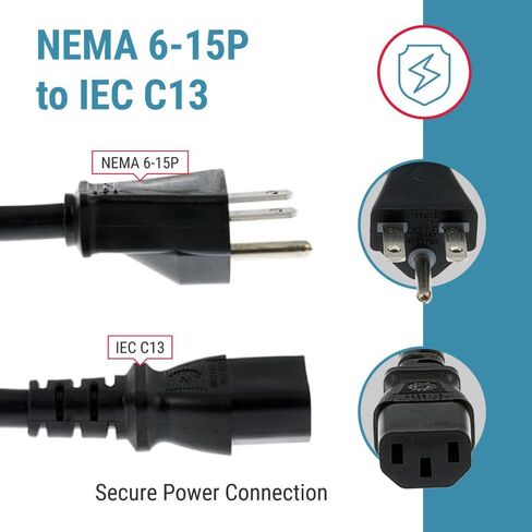Heavy Duty AC Power Cord, 15A/250V, 14 AWG, 6-15P to C13, (NEMA 6-15P to IEC-60320-C13) 10 ft Black Lifetime Wty in Saudi Arabia