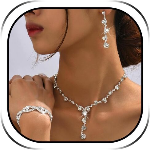 Dcfywl731 Red Wedding Jewelry Sets for Brides Bridesmaid Silver Jewelry Sets Sparkly Rhinestone Crystal Necklace and Earrings Set Prom Wedding Guest Dresses for Women in Saudi Arabia