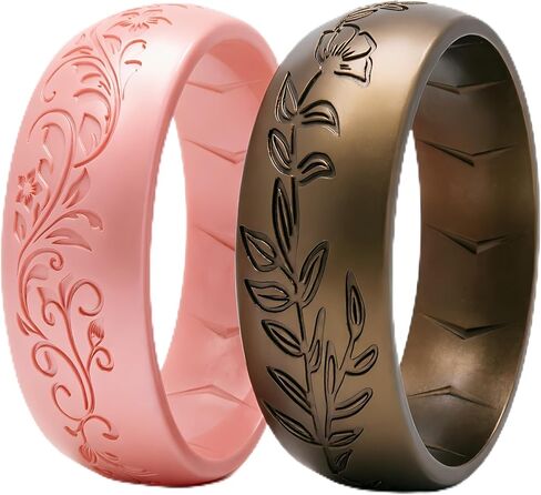 2/4/6 Packs Silicone Rings for Women – Soft & Elegant with Laser-Engraved Floral Vines. Breathable, Comfort-First Design. Stackable, Lightweight Rubber Wedding Bands & Engagement Rings. in Saudi Arabia