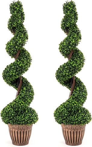GOPLUS 4 Ft Artificial Boxwood Spiral Topiary Tree, Fake Greenery Plants, Leaves & Cement-Filled Plastic Flower Pot Decorative Trees for Porch Home Office Indoor Outdoor in Saudi Arabia