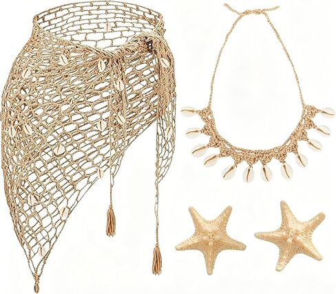 Mermaid Costume Accessories for Women, 4 Pcs Mermaid Accessories Set with Boho Seashell Necklace, Starfish Hair Clips and Crochet Skirt for Summer Beach Tropical Hawaiian Dress Up Party Supplies in Saudi Arabia