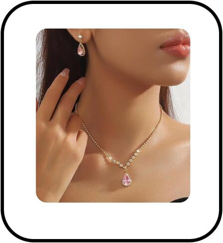 Rhinestone Zircon Necklace Earring Set for Women Vintage Crystal Teardrop Dangle Earring Necklace Statement Colourful Gemstone Necklace Earring Set Wedding Party Bride Bridesmaid Fashion Jewellery in Saudi Arabia