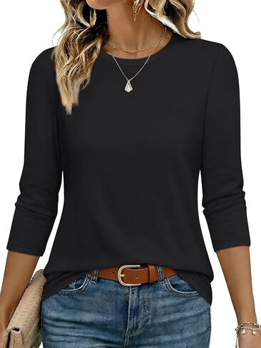 CHICGAL Women 3/4 Sleeve Shirts Casual Round Neck Tops Basic Tees Cute T-Shirts Blouses in Saudi Arabia