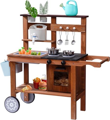 ROBUD Vintage Green Wooden Kitchen Sets for Kids Toddler, Pretend Play Kitchen with Working Ice Machine, Microwave Oven, Ages 3+ in Saudi Arabia