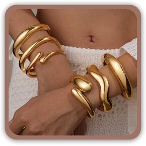 4 Pcs Statement Jewelry Set for Women – 18K Gold Plated Teardrop Necklace, Gold Drop Earrings, Bold Rings & Cuff Bracelets, Elegant Jewelry Gifts for Women in Saudi Arabia