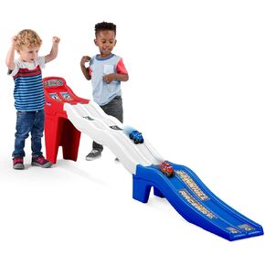 Simplay3 Limited Edition Fast Track Downhill Raceway, Dual Racetrack for Kids Cars for Toddlers, 2 Toy Race Cars Included, Made in USA, Red White & Blue in Saudi Arabia