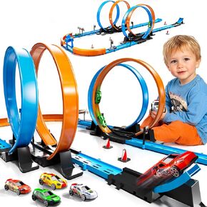 LILYBUDS Toy Car Track Gift Set for Boys Kids Age 3-5 4-7 8-12, Long Race Tracks with 4 Action Loops and 4 High-Speed Slot Die-Cast Race Cars, 35+ Pieces Race Tracks to Create Multiple Configurations in Saudi Arabia