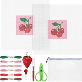 XunYee Cherries 18 Mesh Needlepoint Canvas Kit Hand Painted Canvas Embroidery Craft Set Includes Cherries Pattern Canvases 7.8 Inch Thread Pincushion Scissors Seam Ripper Needle Threader Needles in Kuwait