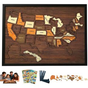 Wooden USA Travel Map Puzzle | A Stylish Way to Track Your Journey & Memories | United States Map Tracker Puzzle Frame | Pin Board with Elements Sticker & Stand Holder for Home Wall Art Decor in Kuwait