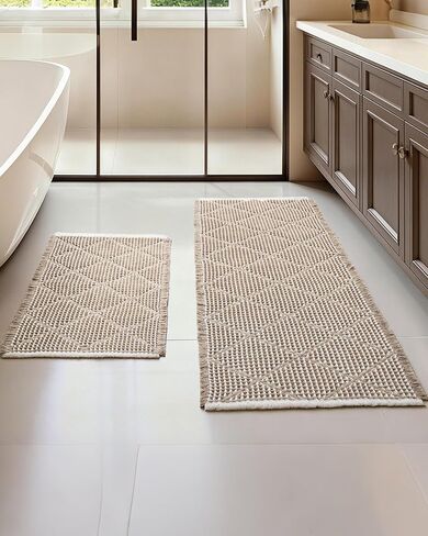 Waffle Bath Mat Set, Non Slip Bathroom Rugs Sets 2 Piece, Ultra Absorbent Long Bath Rug Runner for Bathroom Decor, Machine Washable Boho Mats, Grey & White, 20"×47" Plus 18"×30" in Saudi Arabia