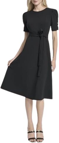 DKNY Womens Short Puff Sleeve Jewel Neck Midi Dress Removable Belt Scuba Crepe Dress in Saudi Arabia